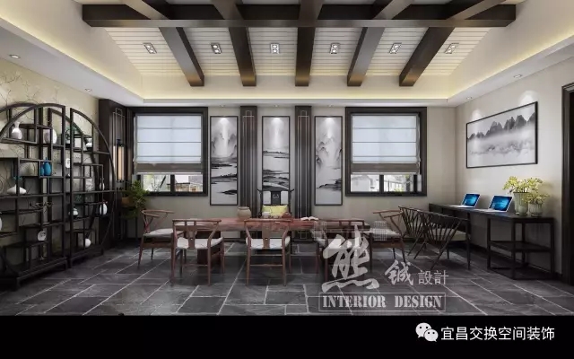 一種心曠神怡之感：悠悠的暖燈、純美的紅木博古架、秀麗的瓷器擺設、山水掛畫體現出中國文化的博大精深，右邊設計了現代化的辦公區域，充分滿足業主不同的需求。