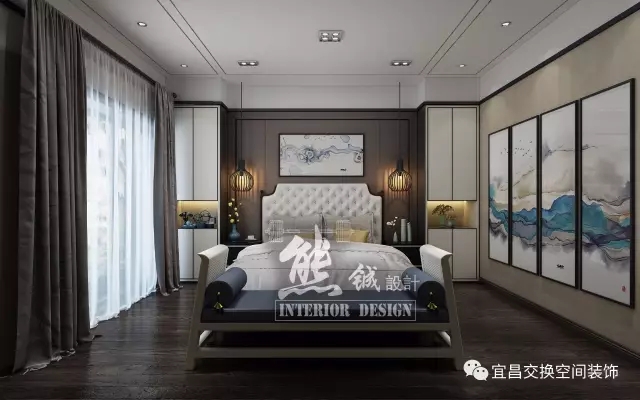 新中式風格的臥室設計，不拘泥于傳統的中式元素，而是在繼承古典的基礎上融入現代的特色，例如吊燈設計，將兩者有機地統一起來，表達出現代人對于新的精神境界的追求。